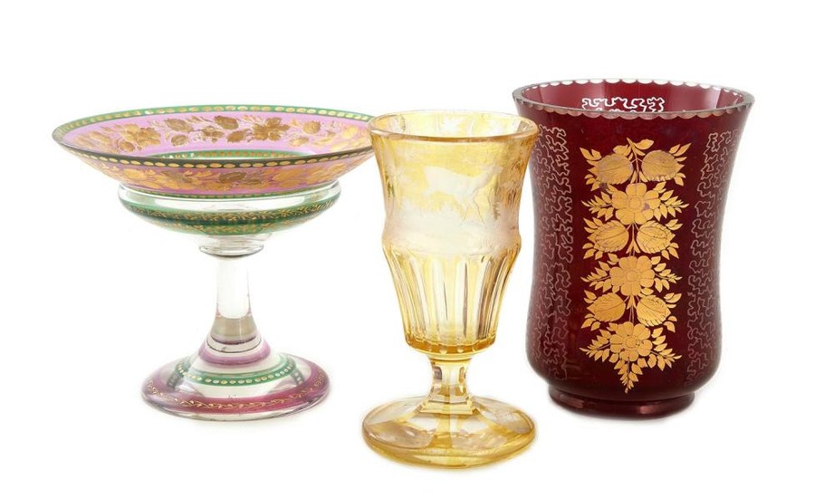 Continental gilded and etched glass vases and compote (3pcs)