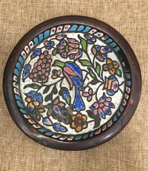 Copper Iraqi plate with 19th century Islamic enamel has flaws