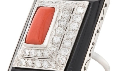 Coral Onyx and Diamond Ring in Platinum