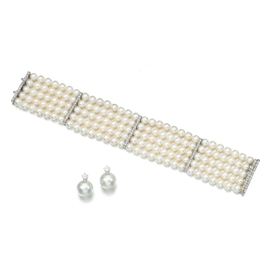 Cultured pearl and diamond bracelet and a pair of earrings