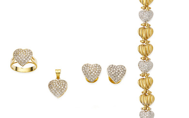 DIAMOND AND 18CT GOLD BRACELET, EARRING, PENDANT AND RING SUITE