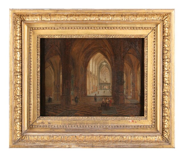 ÉCOLE NEERLANDAISE (19e SIÈCLE, C.1810) Intérieur d'église avec personnages Une paire, huile sur panneau, 24...