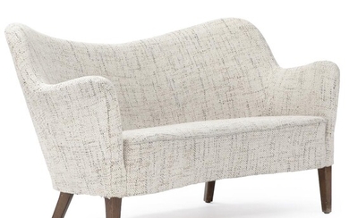 SOLD. Danish furniture design: Freestanding two seater sofa with stained beech legs. Seat, sides and button fitted back upholstered with light coloured wool. – Bruun Rasmussen Auctioneers of Fine Art