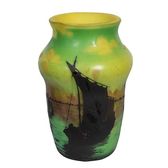 Daum Nancy Cameo Glass Vase "Chinese Junk Sailing"