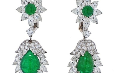 David Webb Platinum 1970's Green Emerald And Diamond Hanging Earrings