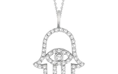 Diamond Hamsa Evil Eye Pendant Necklace 14k White Gold 0.51ctw