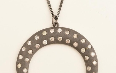 Diamond, Silver Crescent Pendant Necklace.
