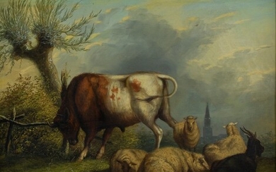 Dutch School: bull and sheep in landscape, oil on panel,...