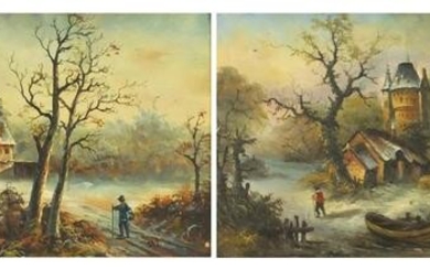 Dutch snowy winter landscapes, pair of oil on boards
