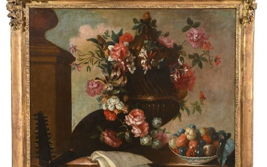 ÉCOLE FRANCAISE du XVIIIè. « Composition au vase de fleurs, à l’instrument de musique, à...