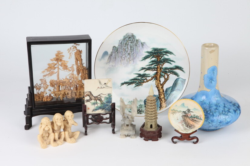 EIGHT ASSORTED CHINESE TABLE-TOP ORNAMENTS. Includes blue and white iridescent...