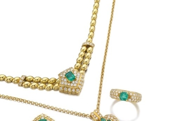 EMERALD AND DIAMOND PARURE AND AN EMERALD AND DIAMOND PENDANT NECKLACE