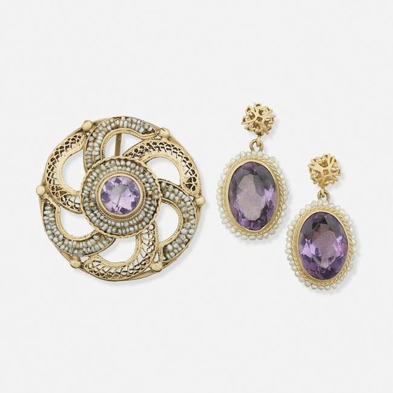 Early 20th century amethyst and seed pearl jewelry