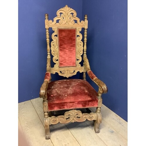 Early C19th carved light oak high back chair 145cm H. The se...