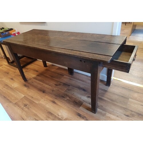 Early Victorian Plank Top Oak Table with one drop leaf and d...