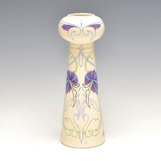 Earthenware vase with polychrome floral decoration, executed by Plateelbakkerij Huisenga...