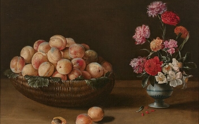 Ecole française du XVIIe siècle Corbeille d'abricots et bouquet de fleurs sur un entablementHuile sur...
