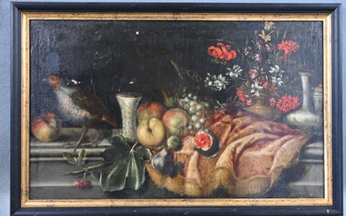 Ecole italienne, dans le goût du XVIIe siècle, "Nature morte aux fruits, fleurs et à...