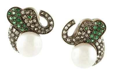Elephant Earrings, Pearls, Diamonds, Emeralds, 18k