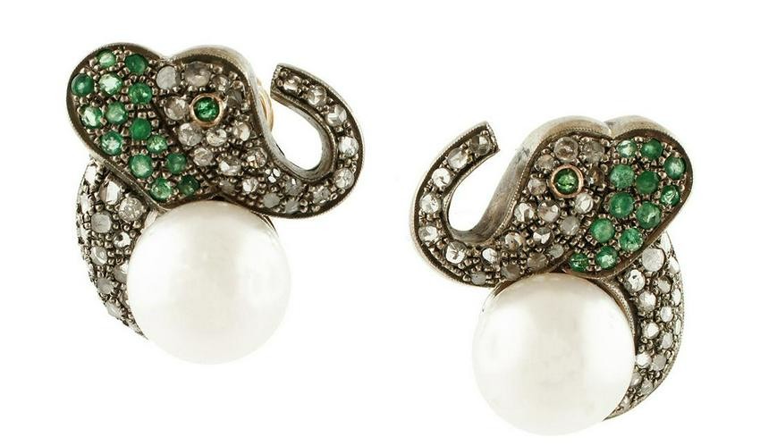 Elephant Earrings, Pearls, Diamonds, Emeralds, 18k