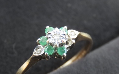 Emerald and Diamond Set Cluster Ring Mounted in 9 Carat Yell...