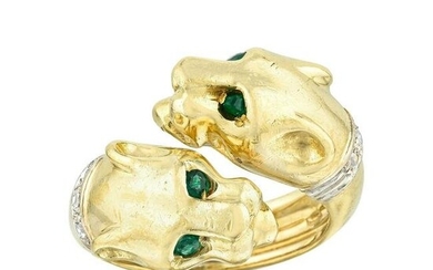 Emerald and Diamond Two Headed Panther Bypass Ring