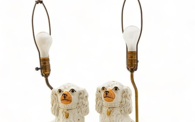 English Staffordshire Pottery Figural Lamps, King Charles Spaniels, Ca. Late 19th/early 20th C., H