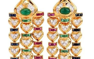 Estate Diamond Precious Gemstone 18K Gold Drop Earrings