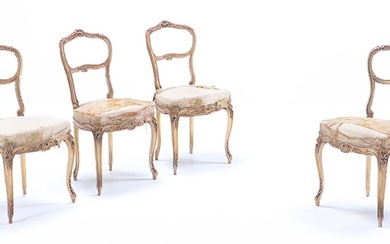 FOUR FRENCH GILT WOOD LOUIS XV STYLE SIDE CHAIRS C...