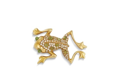FROG-SHAPED JADE AND DIAMOND BROOCH IN 18KT YELLOW GOLD