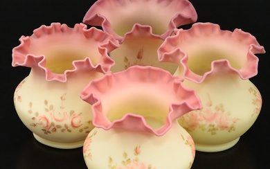 Fenton Burmese Glass Ruffled Vases With Hand-Painted Roses, 1971–1980