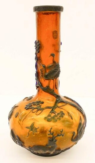 Fine Chinese Cut Overlay Peking Glass Bottle Vase