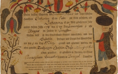Fine and Rare Fraktur Birth and Baptismal Certificate for Johannes Schmit, Arnold Hoevelmann (active 1771 to 1796), Donegal Township, Lancaster County, Pennsylvania, Dated 1778