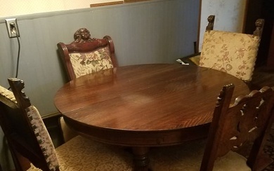 Five Piece 1890's Oak and Mahogany Carved Dining Set
