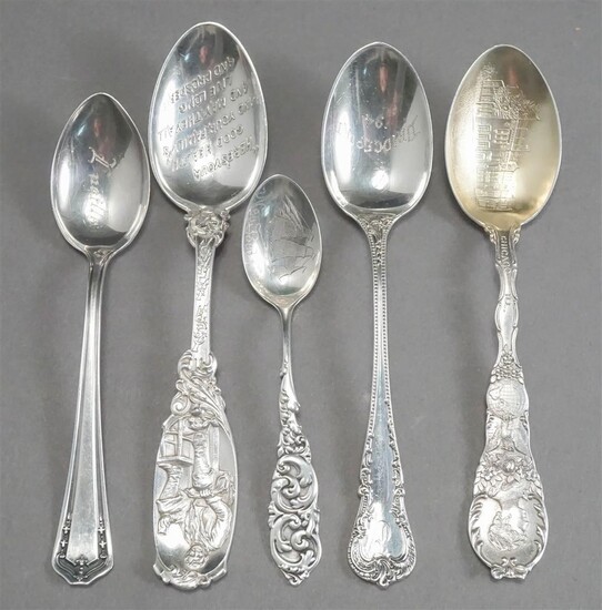 Five American Sterling Silver Teaspoons, Including 'Joseph Jefferson' Medicine, 3.4 oz (various personalization)