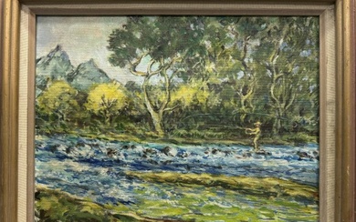 Fly Fishing in the River Impressionist Oil on Canvas Painting