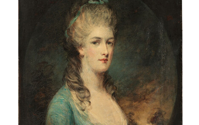 Follower of John Hoppner, Portrait of a lady, bust-length, in a blue gown, in a feigned oval