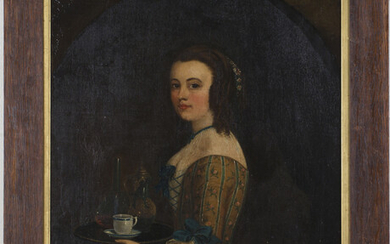 Follower of Philip Mercier, Continental School - Three-quarter Length Portrait of a Young Woman carr