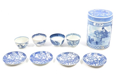 Four Chinese blue and white tea bowls, four saucers, canister, etc