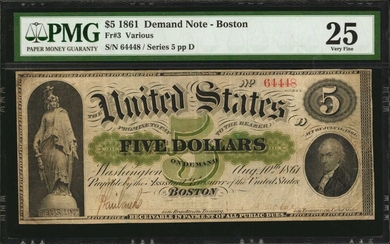 Fr. 3. 1861 $5 Demand Note. PMG Very Fine 25.