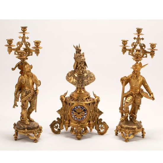 French 19th Century Dore Bronze Three Piece Clock