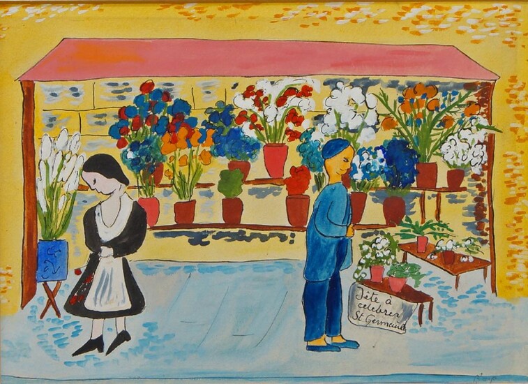 French School, mid-late 20th century- A flower stall; watercolour, gouache and pen an black ink, signed lower right, 16.5 x 23 cm