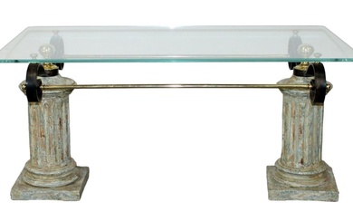 French cocktail table on painted wood columned base with glass...