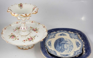 French porcelain two-tier comport, and two blue and white meat plates.