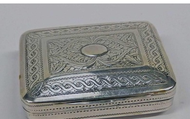 GEORGIAN SILVER SNUFF BOX WITH ENGRAVED DECORATION & GILT IN...