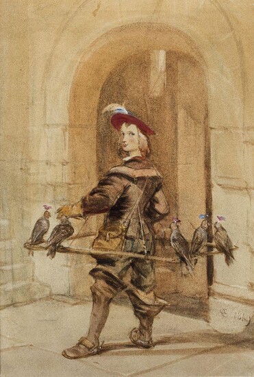 George Cattermole, RWS, British 1800-1868- The bird seller; pencil, watercolour and bodycolour heightened with touches of white on paper, signed with the artist's initials and dated 'GC 1849' (lower right), 28.5 x 19.5 cm. Provenance: Private...