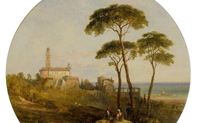 George Edwards Hering, British 1805-1879- Mediterranean coastal landscape; oil on panel, tondo, diameter 24.2 cm. Provenance: with Oscar and Peter Johnson, London, May 1974.; The Collection of Sir Nicholas Goodison. Exhibited: London, Oscar and...