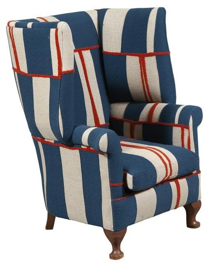 George II Style Linen-Upholstered Mahogany Wing Chair