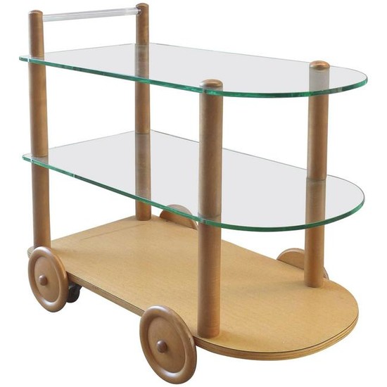 Gilbert Rohde 1940s Oak and Glass Two-Tier Bar Cart