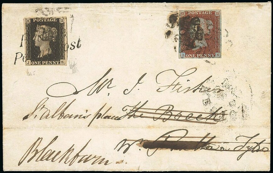 Great Britain 1840 One Penny Black Plate V JE, on 1841 (8 Dec.) entire franked 1841 1d. red-bro...